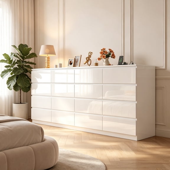 JassmiPkwy 16 Drawer Dresser with Charging Station, Modern Long White High Gloss for Bedroom, Oversize Dressers for Living Room White