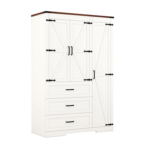 JassmiPkwy 70" Tall 3 Door Farmhouse Armoire Wardrobe Closet Cabinet with 3 Drawers, Hanging Rod, Adjustable Shelves, White