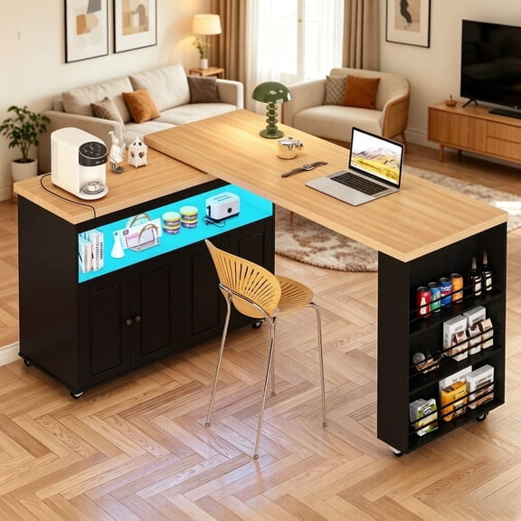 JassmiPkwy 360° Rolling Kitchen Island Cart with Shelves and Mobile Lockable Wheels,Mobile Swivel Table with Storage, Modern Wooden Cart, Suitable for Kitchens, Dining Rooms，Black