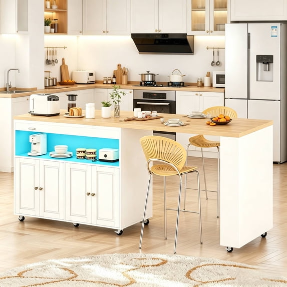 JassmiPkwy 360° Rolling Kitchen Island Cart with Shelves and Mobile Lockable Wheels,Mobile Swivel Table with Storage, Modern Wooden Cart, Suitable for Kitchens, Dining Rooms,White