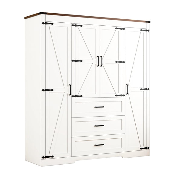 JassmiPkwy 4 Door Farmhouse Armoire Wardrobe Closet Cabinet with 3 Drawers, Hanging Rod, Adjustable Shelves, White