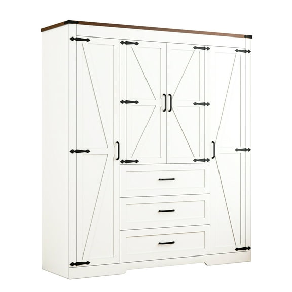JassmiPkwy 4 Door Farmhouse Armoire Wardrobe Closet Cabinet with 3 Drawers, Hanging Rod, Adjustable Shelves, White