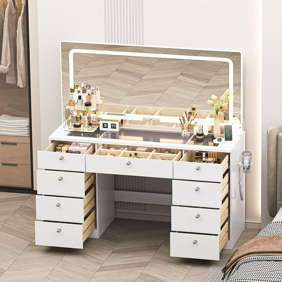 JassmiPkwy 46 INCH Makeup Vanity Desk with Mirror - Glass Tabletop Vanity Table with Lights, Drawers, Power Outlet, Large Storage Desk for Bedroom, White