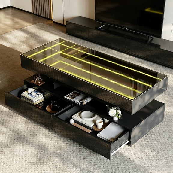 JassmiPkwy 47.2" Mirrored Coffee Table, Assembled Modern Coffee Table with 2 Drawers & LED Light for Living Room,Black