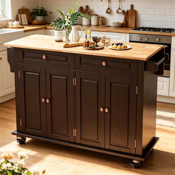 JassmiPkwy 51’’ Kitchen Island with Power Outlet & Drop Leaf, Kitchen Rolling Island with Spice Rack & Towel Rack, Knife Holder and Trash Storage Cabinet, Mobile Island Table for Kitchen-Black
