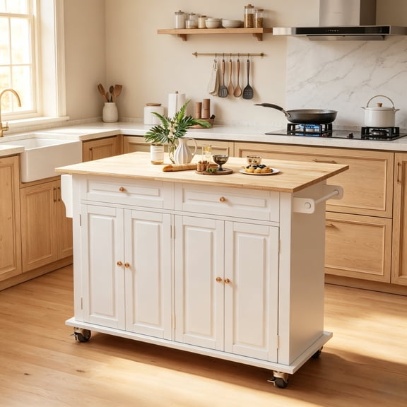 JassmiPkwy 51’’ Kitchen Island with Power Outlet & Drop Leaf, Kitchen Rolling Island with Spice Rack & Towel Rack, Knife Holder and Trash Storage Cabinet, Mobile Island Table for Kitchen-White