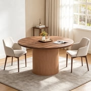 JassmiPkwy 55" Round Dining Table for 4-6, Modern Farmhouse Wood Circle Table with Strip Cylindrical Base, Round Dinner Table for Dining Room, Living Room(Brown)