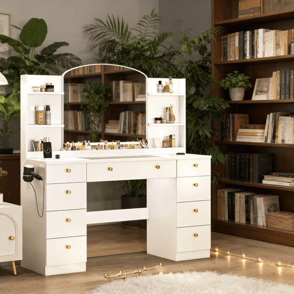 JassmiPkwy 55" Vanity Desk with Glass Top & Lights Mirror, 3 Adjustable Lighting Color,Makeup Vanity with 9 Drawer and LED Lights,Dressing Table for Bedroom, Vanity for Girls,White