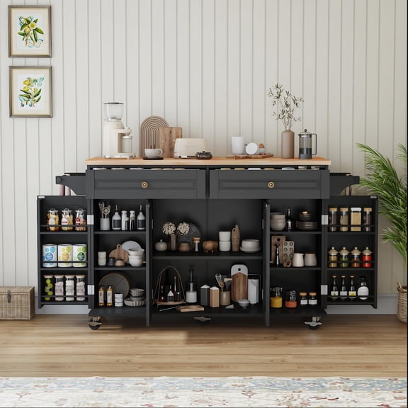 JassmiPkwy 59’’ Rolling Kitchen Island Cart with Drop Leaf and Power Outlet, Movable Kitchen Islands with 3-Tier Door Storage Shelf, Island Table on Wheels, 2 Large Drawers, Towel Racks, White