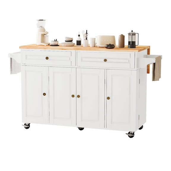 JassmiPkwy 59’’ Rolling Kitchen Island Cart with Drop Leaf and Power Outlet, Movable Kitchen Islands with 3-Tier Door Storage Shelf, Island Table on Wheels, 2 Large Drawers, Towel Racks, White