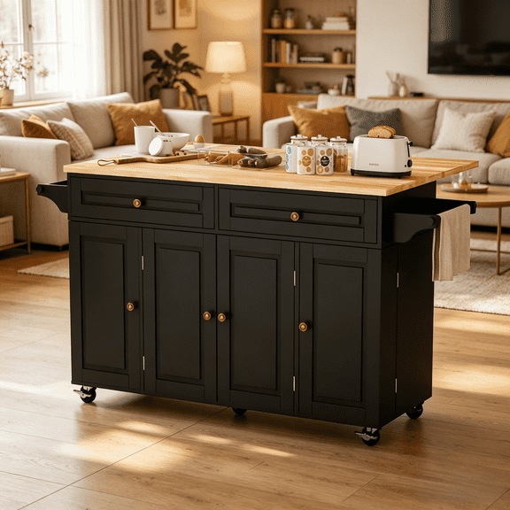 JassmiPkwy 59’’ Rolling Kitchen Island Cart with Drop Leaf, 3-Tier Door Storage, Movable Kitchen Islands Table with Wheels, White