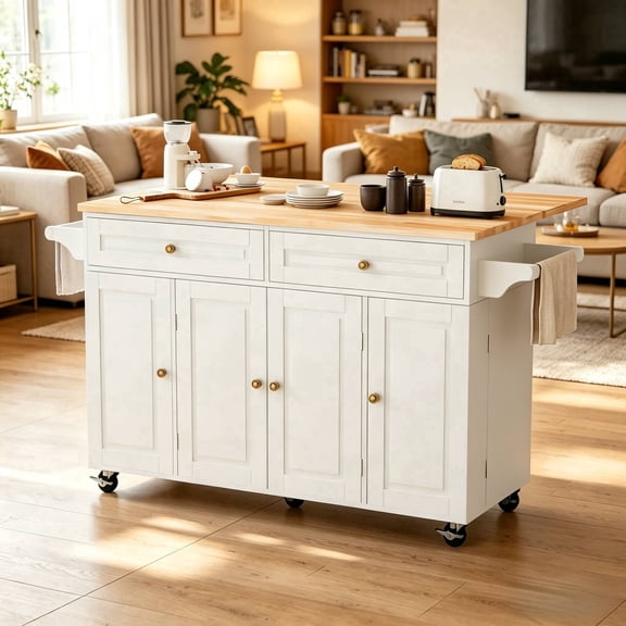 JassmiPkwy 59’’ Rolling Kitchen Island Cart with Drop Leaf, 3-Tier Door Storage, Movable Kitchen Islands Table with Wheels, White