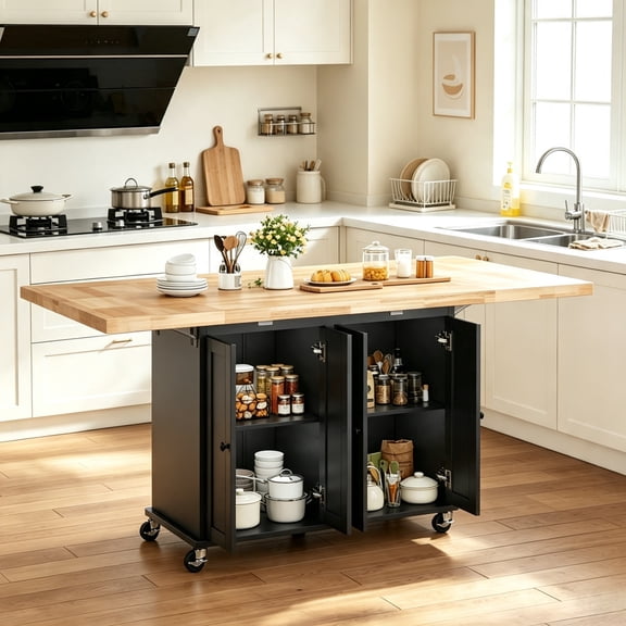 JassmiPkwy 62.8" Rolling Kitchen Island with Storage, Dual-folding Extendable Dining Table, Natural Wood Countertop, Black
