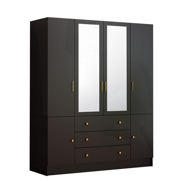 JassmiPkwy 75" Tall 4-Door Armoire Wardrobe Closet with 3 Drawers & 2 Mirrors, Modern Wooden Bedroom Armoires with Hanging Rod and LED Lights for Bedroom, Black