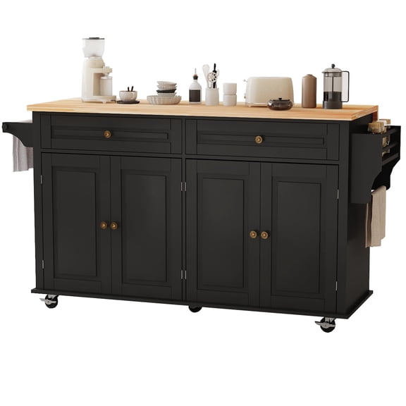 JassmiPkwy 67’’ Movable Kitchen Island with Drop Leaf Countertop, with Storage, 2 Drawers, Towel Rack, Black