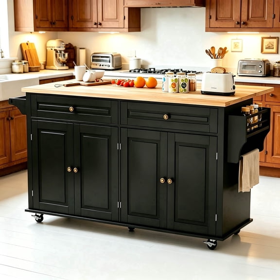 JassmiPkwy 67’’ Rolling Kitchen Island Cart with Drop Leaf, 3-Tier Door Storage, Movable Kitchen Islands Table with Wheels, Black