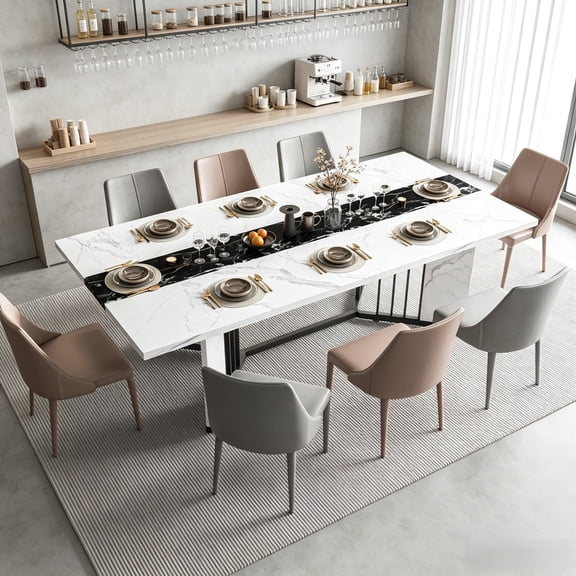 JassmiPkwy 71 '' Faux Marble Wooden Dining Table for 6 to 8 People, Modern Rectangular Dining Room Table with Sturdy Base, White
