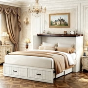 Full Size Multi-Functional 2-in-1 Murphy Cabinet Bed, Full Size Bed Frame Murphy Chest with Built-in Power Strip & Drawer, Full Foldable Platform Bedframe, White