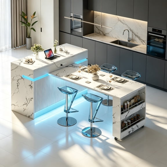 JassmiPkwy Kitchen Island with Extendable and Rotating Tabletop, Marble Bar Table with Storage, 4 Seater Kitchen Islands, Island Dining Table, White
