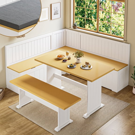 JassmiPkwy L-Shaped Corner Storage Bench, 63.5 inches, with Hidden Flip-Top Storage Compartment Ideal for entryways, dining rooms, hallways, and walk-in closets Includes gray seat cushion