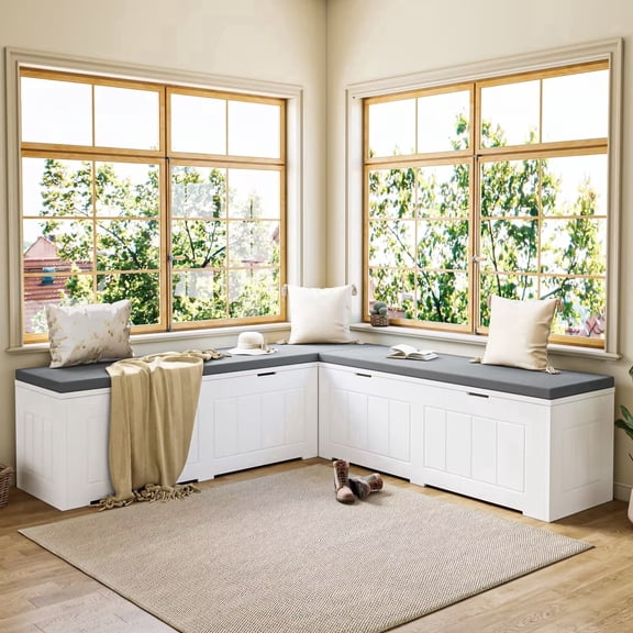 JassmiPkwy L-Shaped Corner Storage Bench with Cushion,Hidden Space and Shoe Storage, Corner Banquette Benches for Dining Room, Bedroom, White