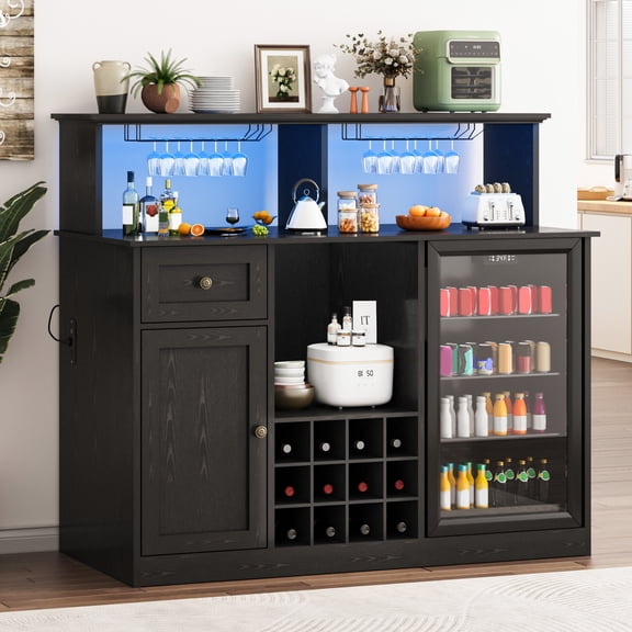 JassmiPkwy Large Coffee Bar Cabinet with Refrigerator Compartment, Featuring Power Outlets and Glassware Rack. Rustic-Style Bar Cabinet Suitable for Home, Living Room, or Kitchen-Black