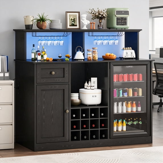 JassmiPkwy Large Coffee Bar Cabinet with Refrigerator Compartment, Featuring Power Outlets and Glassware Rack. Rustic-Style Bar Cabinet Suitable for Home, Living Room, or Kitchen-Black