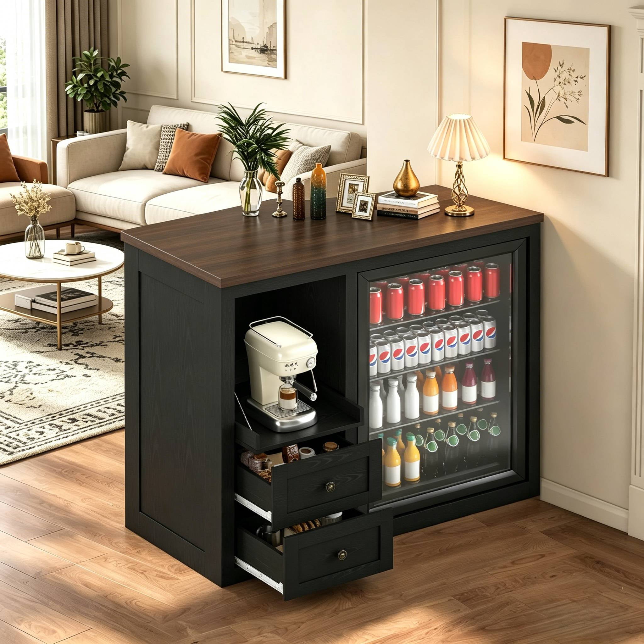 JassmiPkwy Mini Fridge Stand with Built-in Storage, Coffee Bar Cabinet with 2 Drawers & Power Outlet, for Coffee Maker, Microwave, Black
