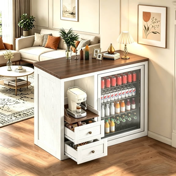 JassmiPkwy Mini Fridge Stand with Built-in Storage, Coffee Bar Cabinet with 2 Drawers & Power Outlet, for Coffee Maker, Microwave, White