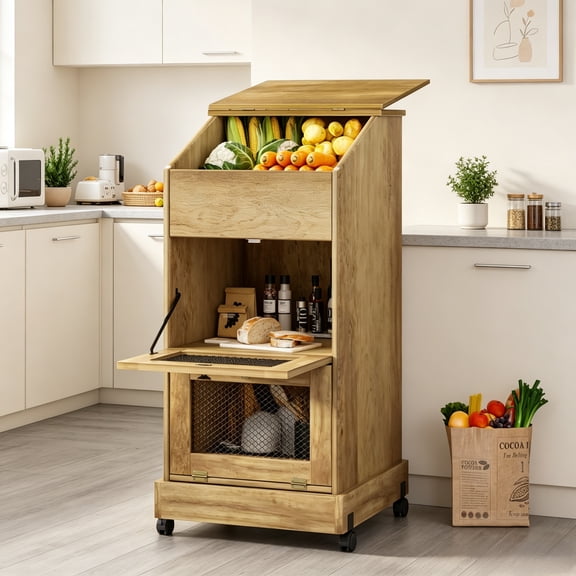 JassmiPkwy 14.9" Vegetables Storage Bin with Wheels, Movable Bread Box with Lid, Vegetable Storage Cabinet, for Kitchen