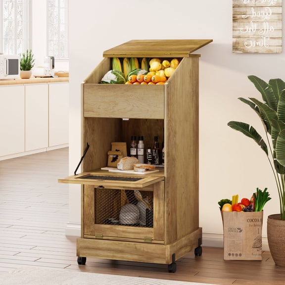 JassmiPkwy Potato Storage Bin Movable Bread Box with Lid Rustic Design with Wheels Onion Organizer with Vegetable Organization Cabinet for Kitchen
