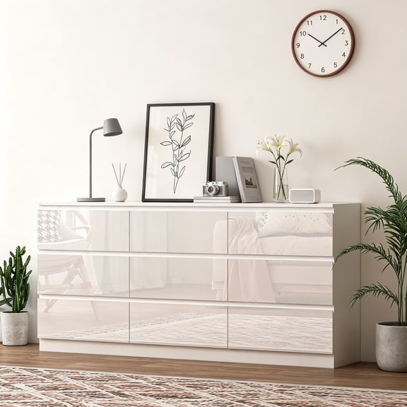 JassmiPkwy White Dresser with 9 Drawers, Modern Long White High Gloss for Bedroom, Wood Chest of Drawers for Living Room White