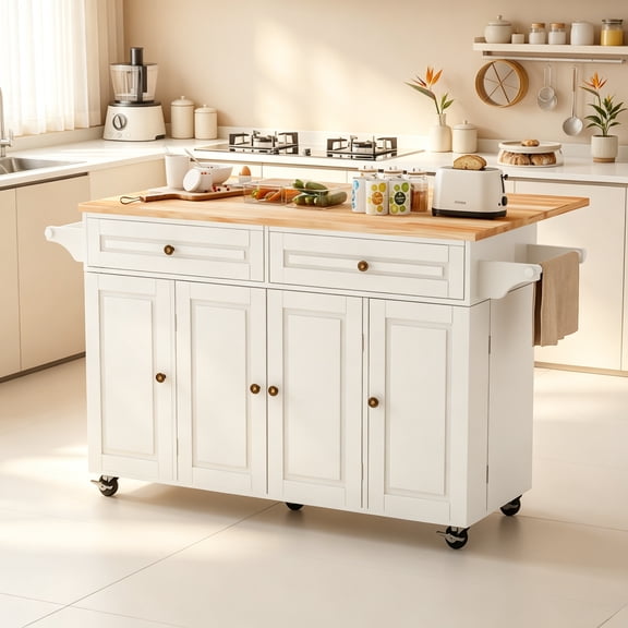 Jassmipkwy 59’’ Rolling Kitchen Island Cart with Drop Leaf, 3-Tier Door Storage, Movable Kitchen Islands Table with Wheels, White