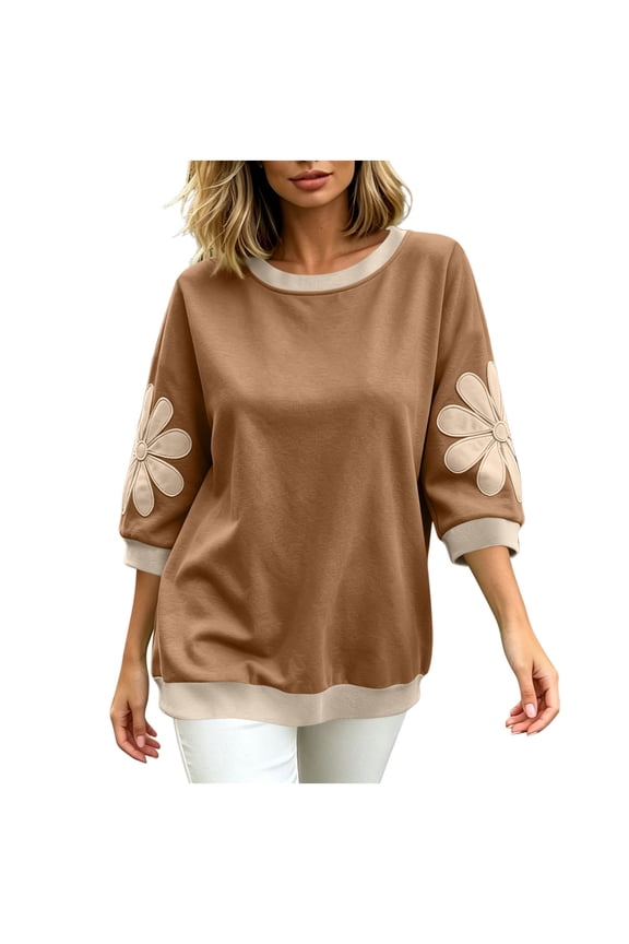 Women's Oversized Sweatshirt Boho Floral Patchwork 3/4 Sleeve Round Neck Comfy Trendy Tops