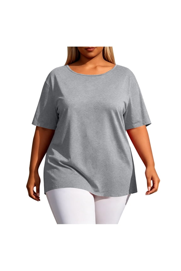 Women's Workout Tops Plus Size Open Back Short Sleeve Athletic Slouchy Tunic Shirts Tennis Running Activewear