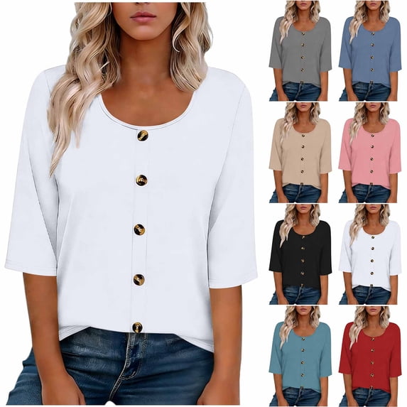 Jaunzuar 3/4 Length Sleeve Womens Tops Solid Color Crew Neck Summer Tops Casual Work Button Down Shirts L