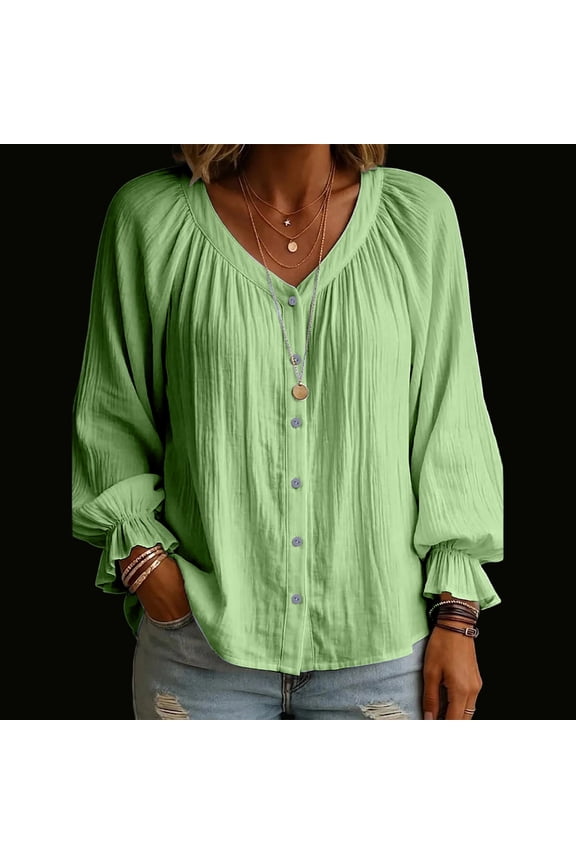 Button Down Shirts for Women Long Sleeve V Neck T Shirts Pleated Breathable Ruffle Linen Tops L
