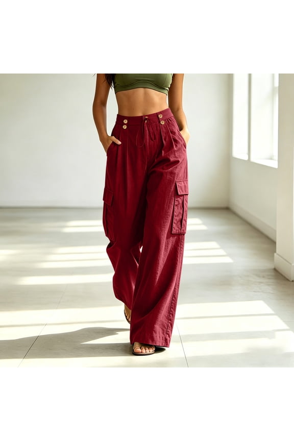 Cargo Pants Women Elastic Waist Cotton Linen Pants Breathable Climbing Hiking Pants with Pockets S