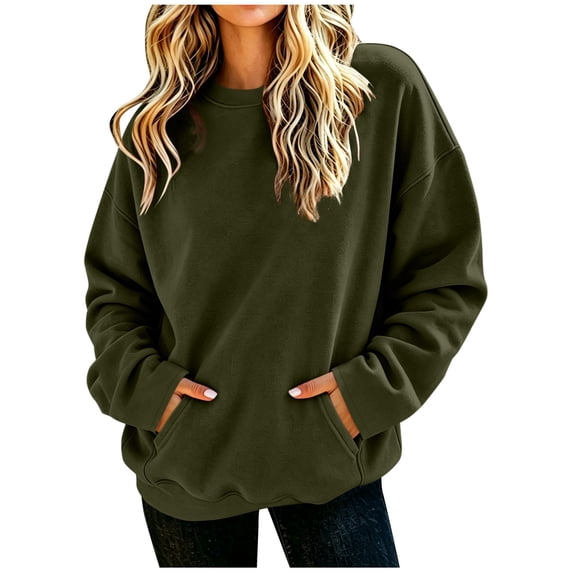 Jaunzuar Crewneck Sweatshirts Women Solid Color Pullover Sweatshirts Casual Fleece Soft Sweat Shirts with Pockets XXL
