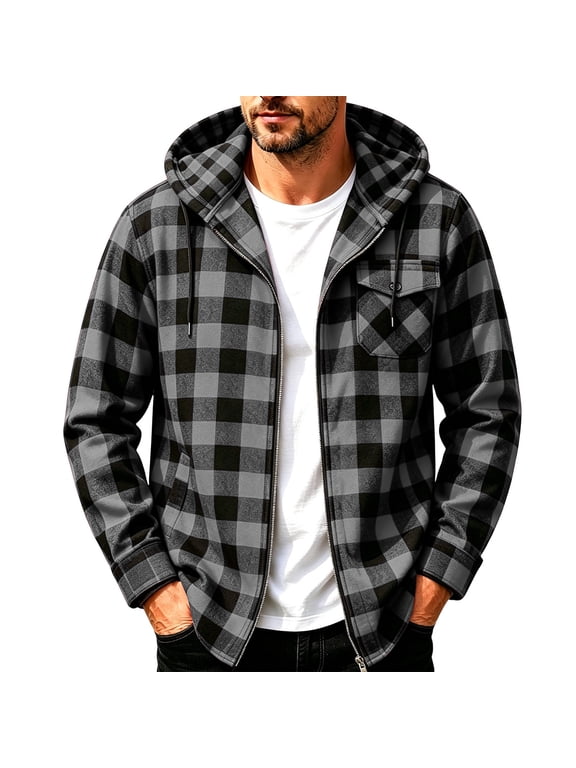 Flannel Shirt for Men Plaid Print Zip Up Hooded Shirt Casual Thin Hoodie with Pockets S