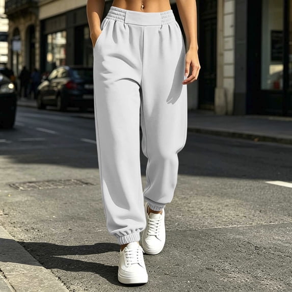 Jaunzuar Joggers for Women Solid Color Elastic Waist Casual Pants Relaxed Warm Comfy Pants with Pockets L