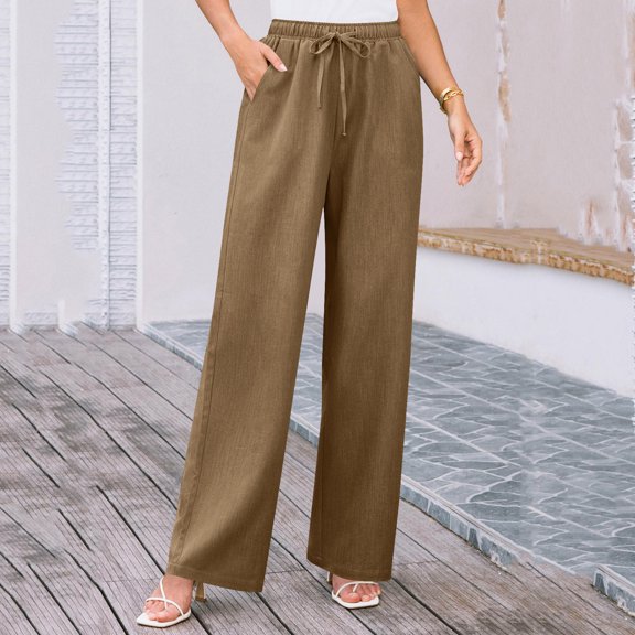 Jaunzuar Linen Pants Women Elastic Waist Straight Leg Casual Pants Breathable Work Summer Pants With Pockets, S-2XL