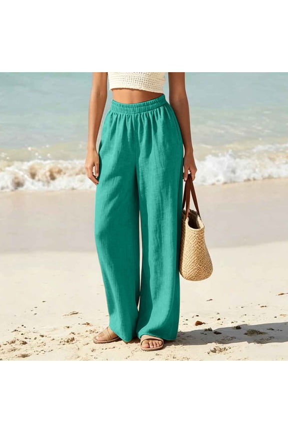 Linen Pants Women High Waisted Straight Leg Beach Pants Summer Loose Flowy Casual Pants S