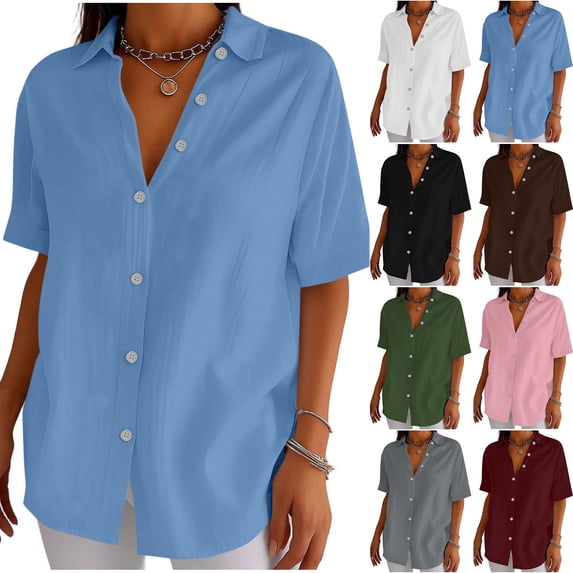 Jaunzuar Linen Shirts for Women Short Sleeve V Neck Button Down Shirts Summer Loose Casual Tops XXL