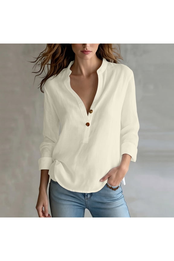 Linen Tops for Women V Neck Button Solid Color Long Sleeve Shirts Loose Work Casual Tops L