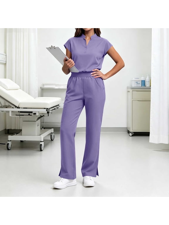 Nursing Uniforms Scrubs Sets for Women Solid Color V Neck Scrubs Set Functional Soft Workwear with Pockets L