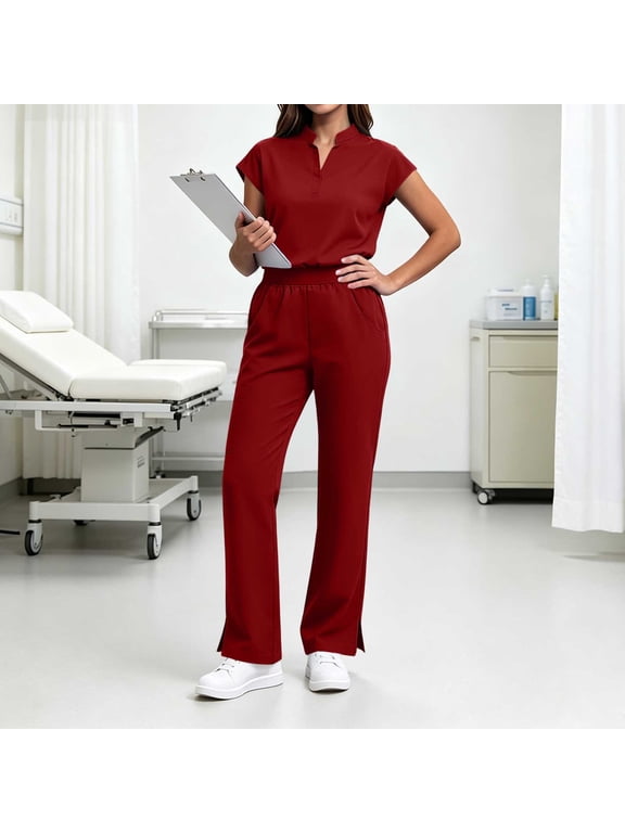 Nursing Uniforms Scrubs Sets for Women Solid Color V Neck Scrubs Set Functional Soft Workwear with Pockets M