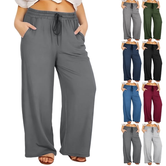 Jaunzuar Plus Size Pants for Women High Waisted Drawstring Wide Leg Pants Workout Casual Sweatpants with Pockets XXL