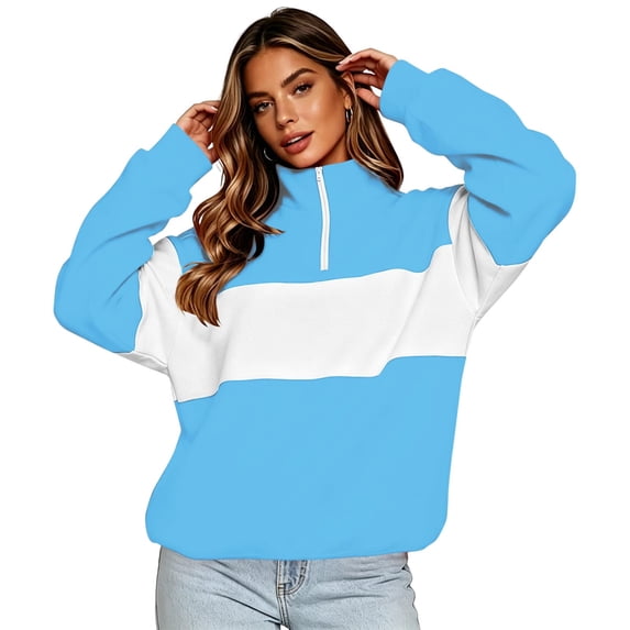 Jaunzuar Quarter Zip Pullover Women Long Sleeve Color Block Stand Collar Sweatshirt Cozy Soft Casual Tops L