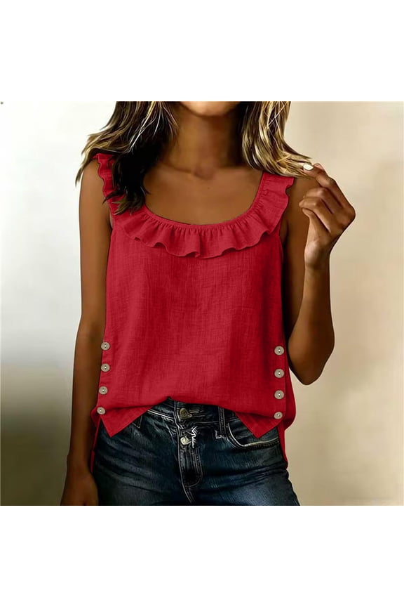 Sleeveless Tops for Women Linen Wide Strap Solid Color Tank Tops Loose Summer Casual Tops L